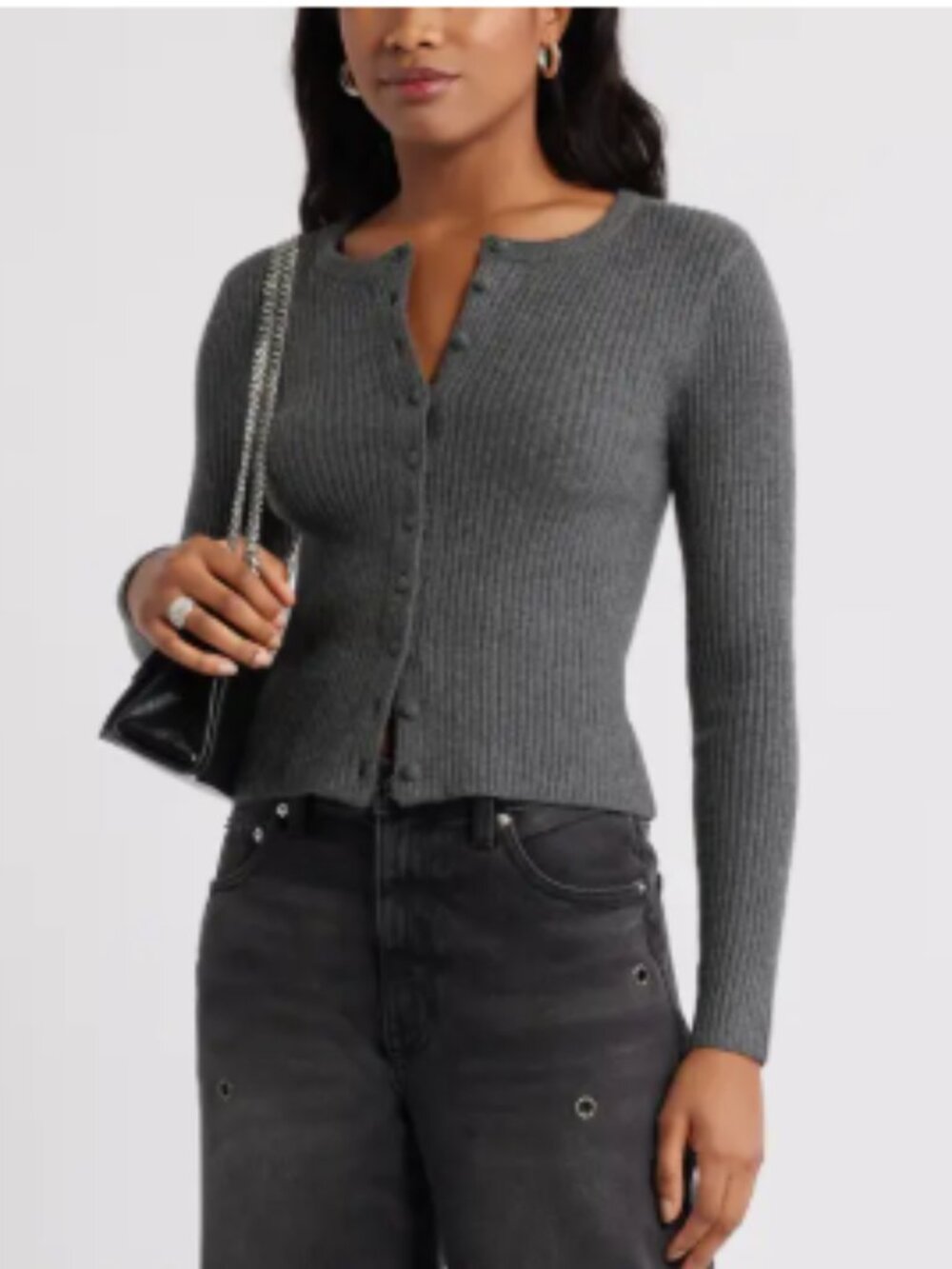 Open Edit Ribbed Crewneck Cardigan Gray Cashmere Blend S